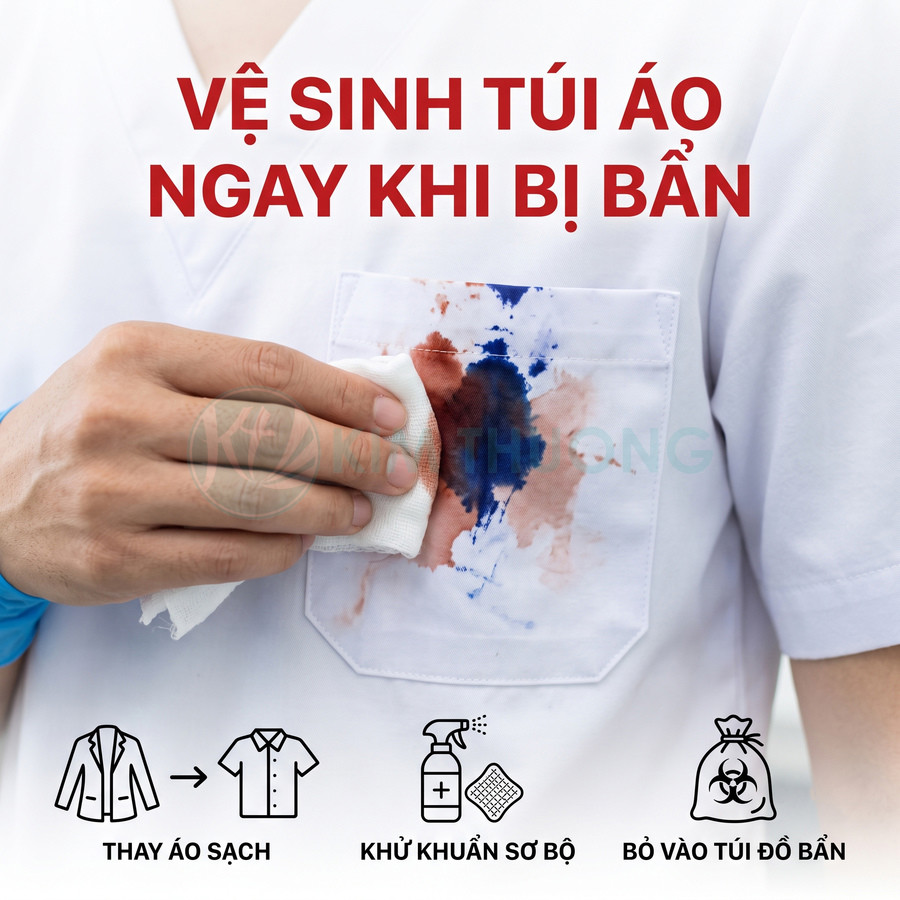 Người mặc áo blouse trắng lau vết bẩn màu đỏ xanh trên túi áo và hướng dẫn thay áo, khử khuẩn, bỏ vào túi rác y tế