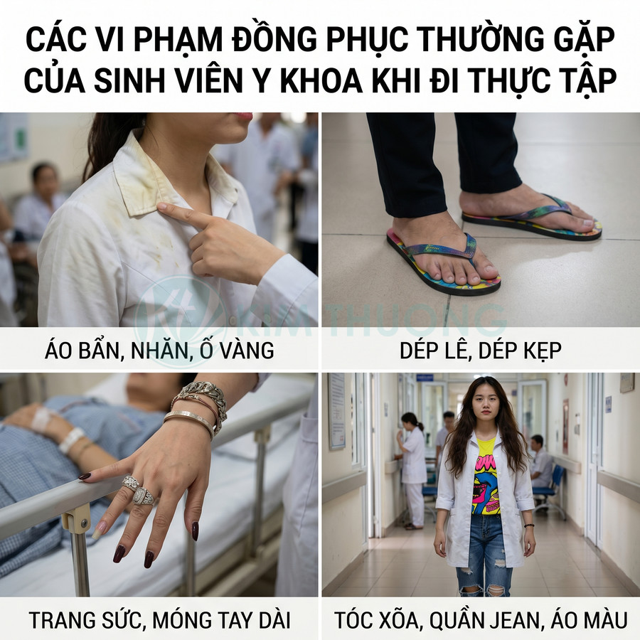 Các lỗi đồng phục sinh viên y khoa khi thực tập: áo blouse bẩn, dép lê, nhiều trang sức, tóc xõa và quần jean