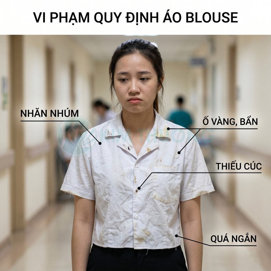 Áo blouse y tế nhăn nhúm, ố vàng bẩn, thiếu cúc và quá ngắn so với quy định trong bệnh viện