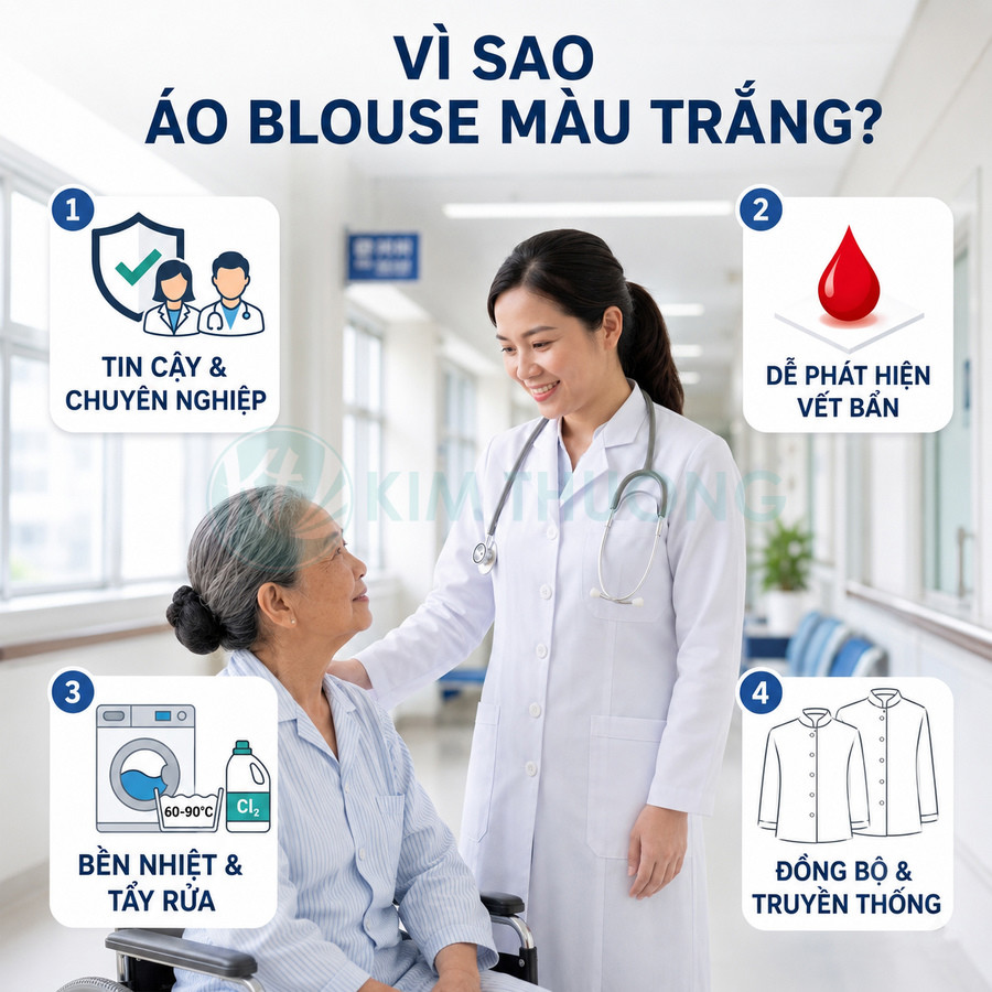 Bác sĩ mặc áo blouse trắng chăm sóc bệnh nhân lớn tuổi ngồi xe lăn trong hành lang bệnh viện