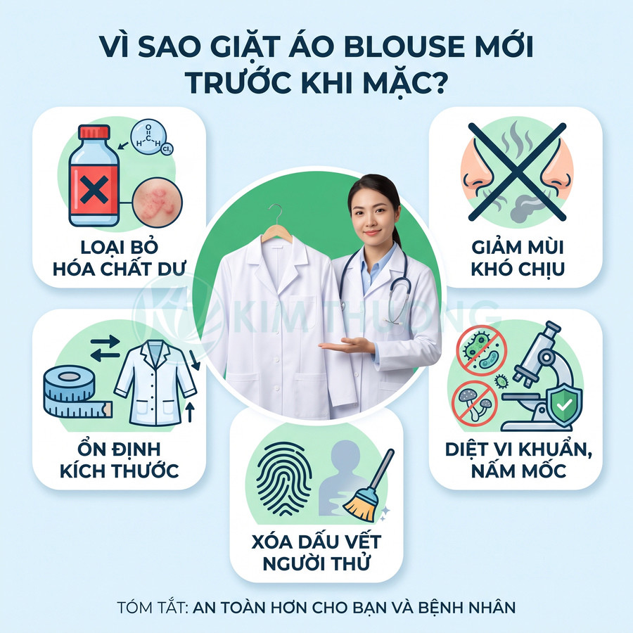 Bác sĩ giới thiệu áo blouse trắng mới treo trên móc và lợi ích giặt áo trước khi mặc