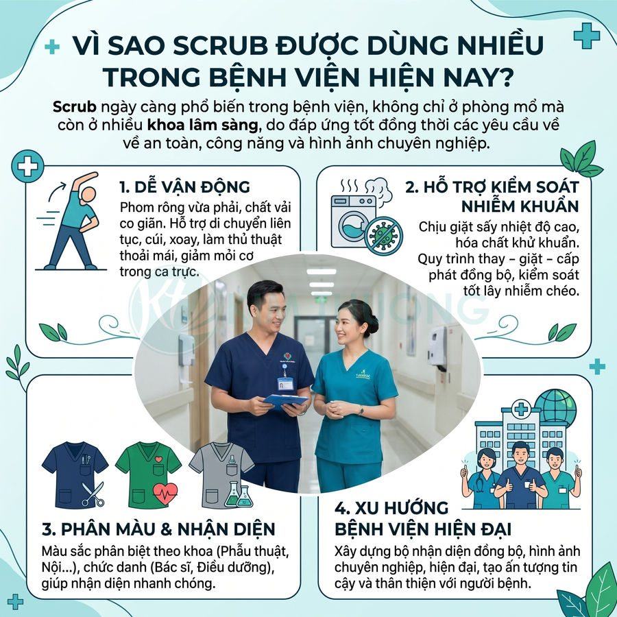 Đồng phục scrub y tế màu xanh cho bác sĩ và điều dưỡng trong bệnh viện hiện đại
