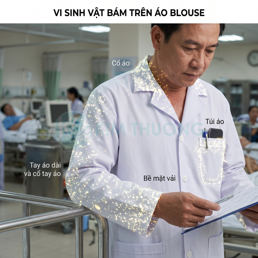 Áo blouse bác sĩ trong bệnh viện với các vị trí dễ bám vi sinh vật trên cổ tay áo túi áo và bề mặt vải