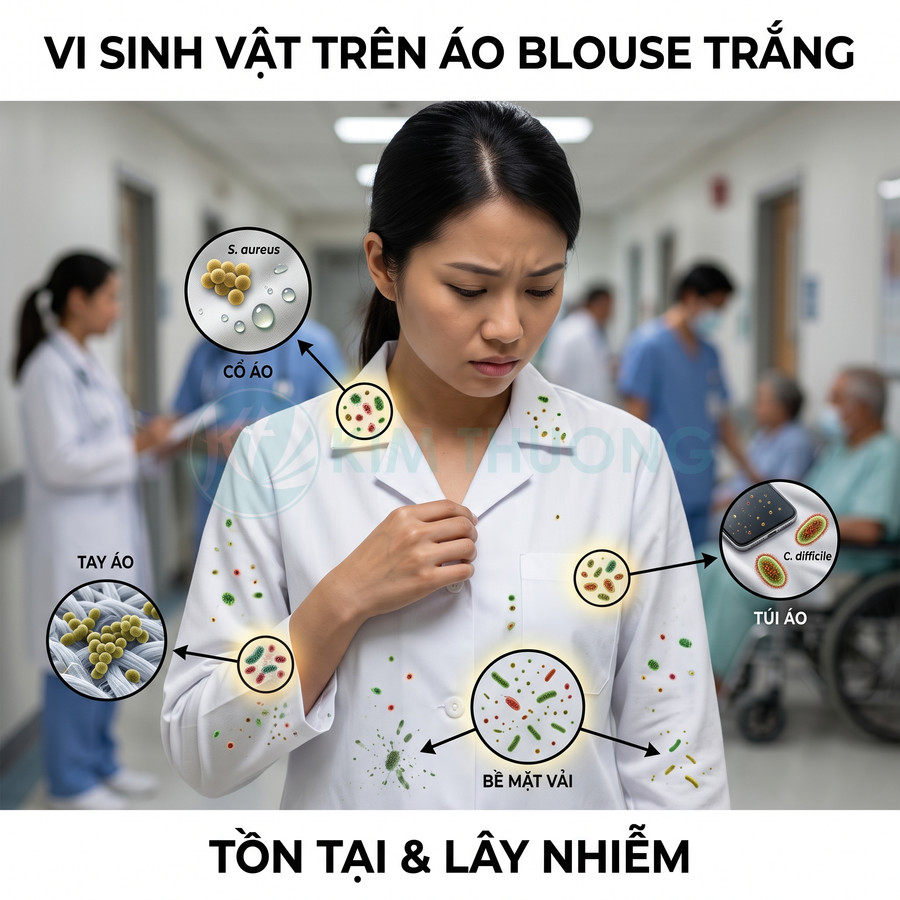 Minh họa vi sinh vật bám trên áo blouse trắng của nhân viên y tế trong bệnh viện