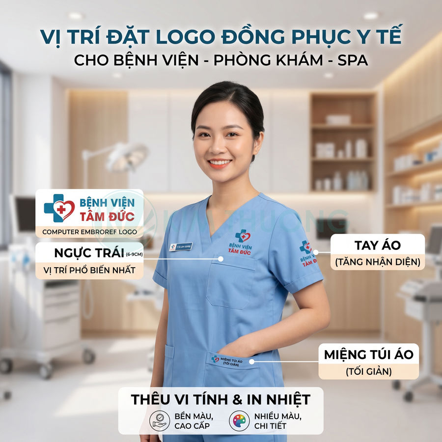 Đồng phục y tá màu xanh in thêu logo Bệnh viện Tâm Đức ở ngực trái, tay áo và miệng túi áo trong phòng khám hiện đại