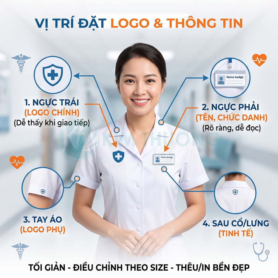 Hướng dẫn vị trí đặt logo và bảng tên trên đồng phục y tá màu trắng trong bệnh viện