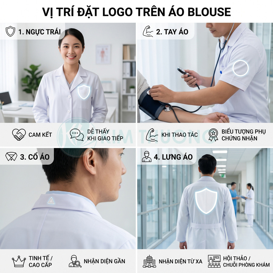 Các vị trí đặt logo trên áo blouse bác sĩ gồm ngực trái, tay áo, cổ áo và lưng áo