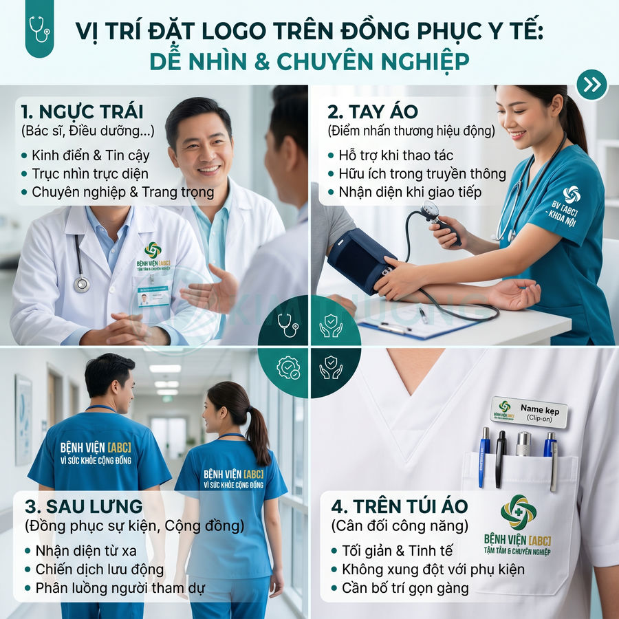Đồng phục y tế bệnh viện ABC với logo in ở ngực trái, tay áo, sau lưng và trên túi áo của bác sĩ, y tá