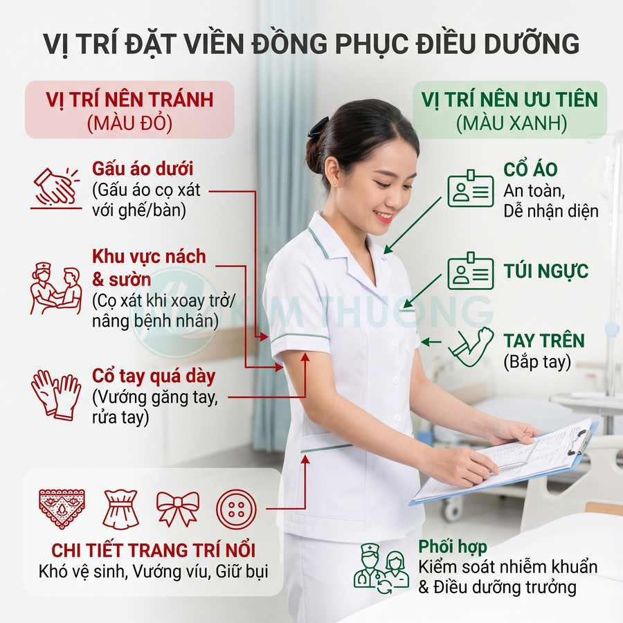 Đồng phục điều dưỡng nữ màu trắng tay ngắn, cổ bẻ viền xanh, cầm hồ sơ bệnh án trong phòng bệnh viện