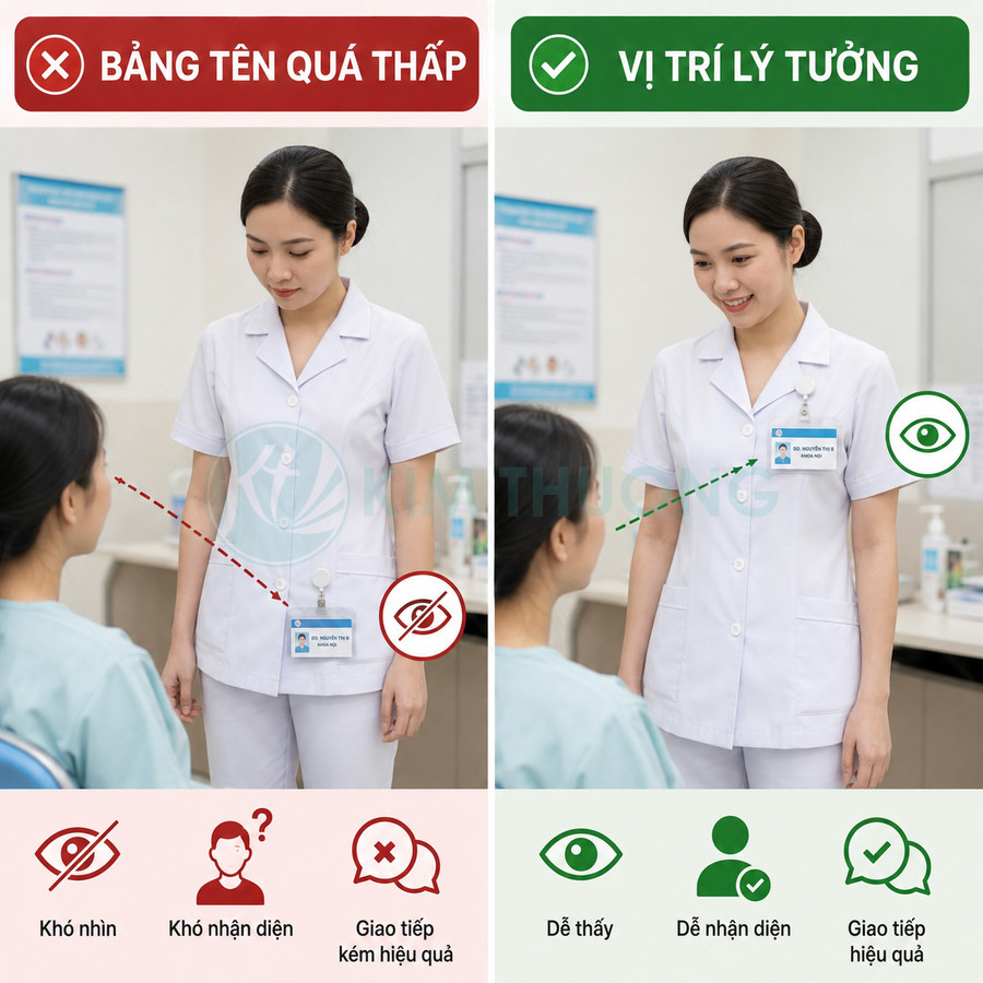 So sánh vị trí đeo bảng tên nhân viên y tế quá thấp và ngang ngực giúp bệnh nhân dễ nhận diện