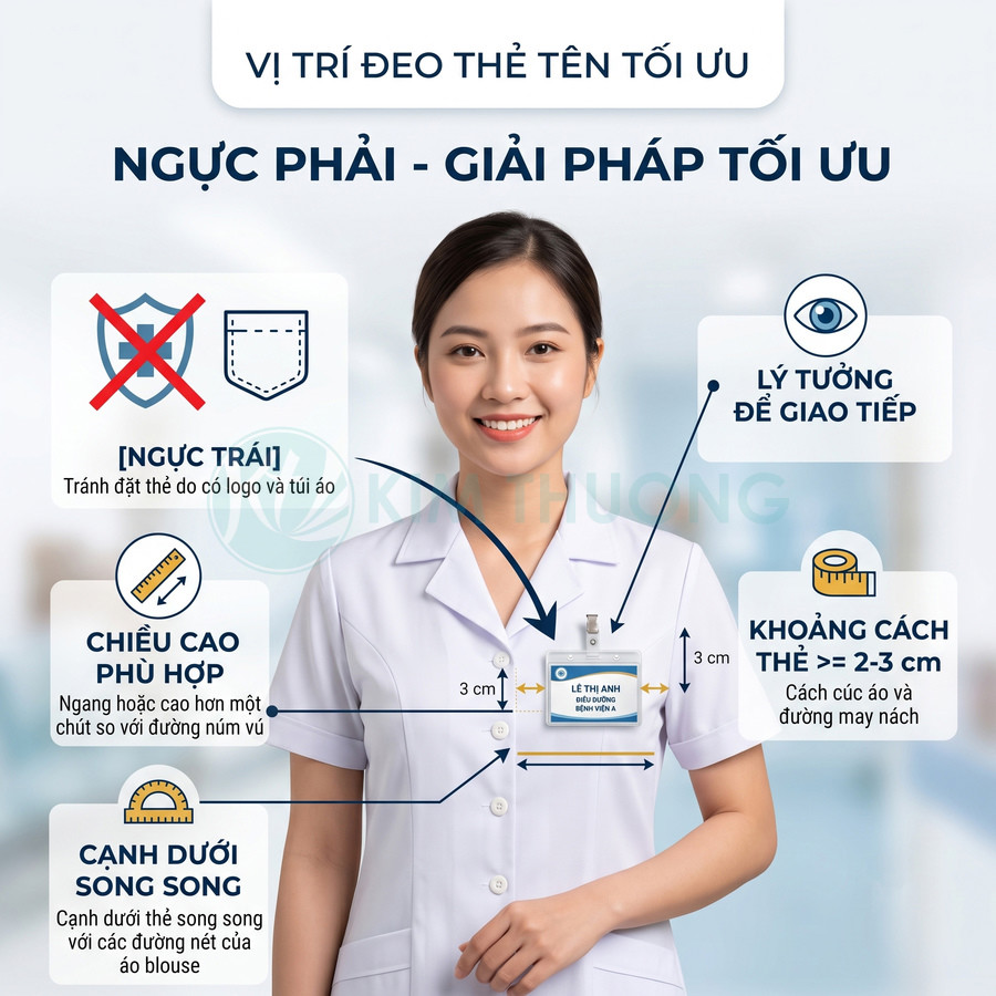 Nữ nhân viên y tế mặc áo blouse trắng đeo thẻ tên nhựa ở ngực phải đúng vị trí tiêu chuẩn