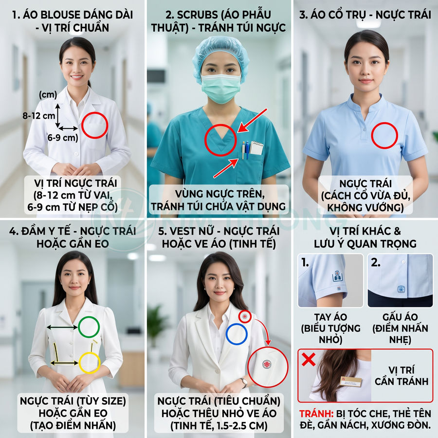 Hướng dẫn vị trí gắn bảng tên nhân viên y tế trên áo blouse, áo phẫu thuật, áo cổ trụ và vest nữ