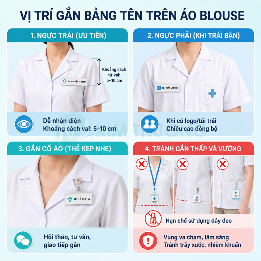 Hướng dẫn vị trí gắn bảng tên nhân viên y tế trên áo blouse trắng để dễ nhận diện và an toàn
