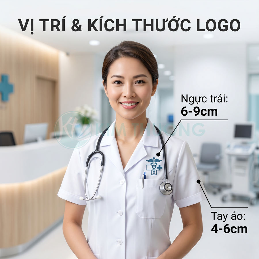 Đồng phục y tá trắng in logo y tế ở ngực trái và tay áo, hướng dẫn vị trí và kích thước logo