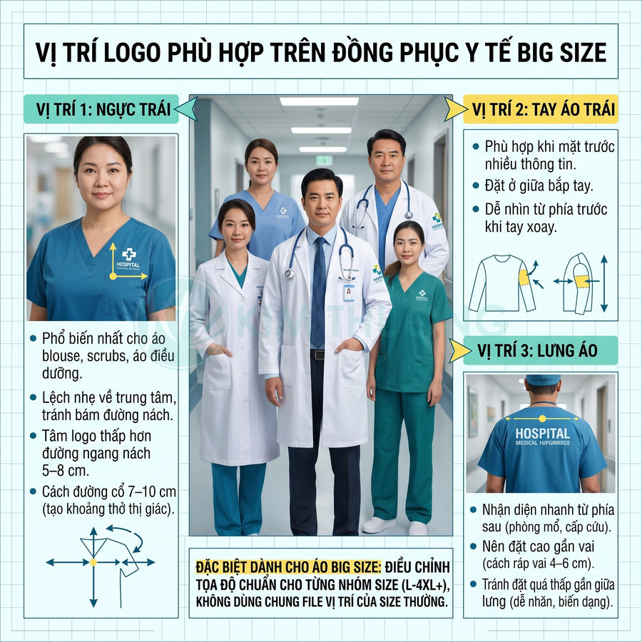 Hướng dẫn vị trí in logo trên đồng phục y tá bác sĩ big size với mẫu áo blouse và scrub màu xanh
