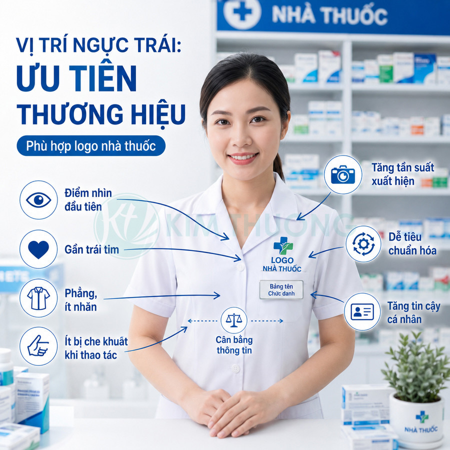 Dược sĩ nhà thuốc mặc áo blouse trắng gắn logo và bảng tên ở ngực trái, đứng tư vấn trong quầy thuốc