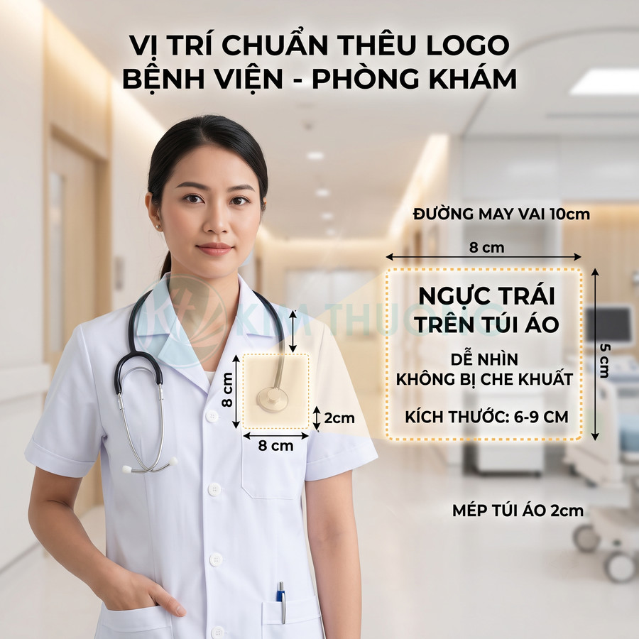 Bác sĩ mặc áo blouse trắng minh họa vị trí chuẩn thêu logo bệnh viện trên túi áo ngực trái