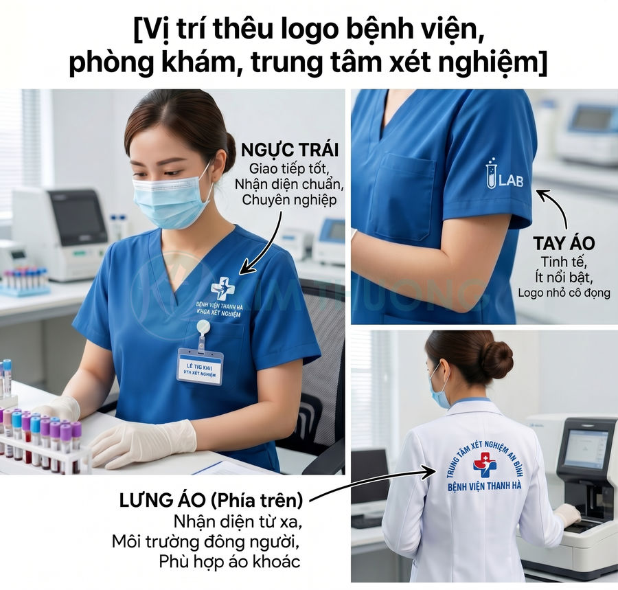 Đồng phục y tá màu xanh thêu logo bệnh viện Thanh Hà ở ngực trái, tay áo và lưng áo trong phòng xét nghiệm