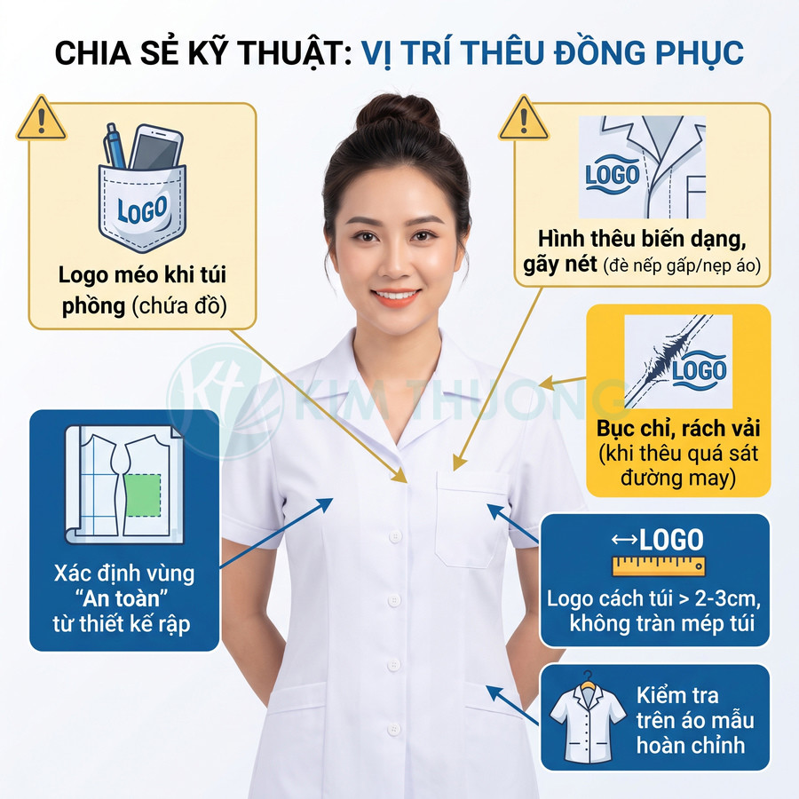 Hướng dẫn vị trí thêu logo trên áo blouse trắng nữ, lưu ý khoảng cách logo với túi áo và đường may