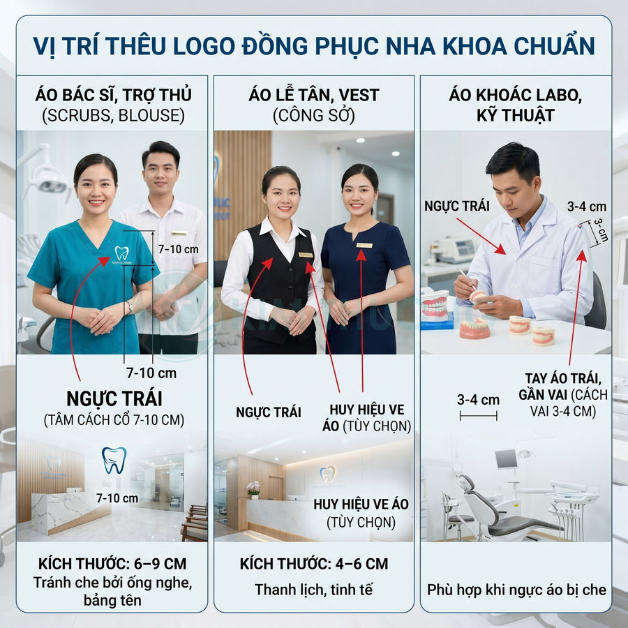 Hướng dẫn vị trí thêu logo trên đồng phục nha khoa cho bác sĩ, lễ tân và kỹ thuật viên