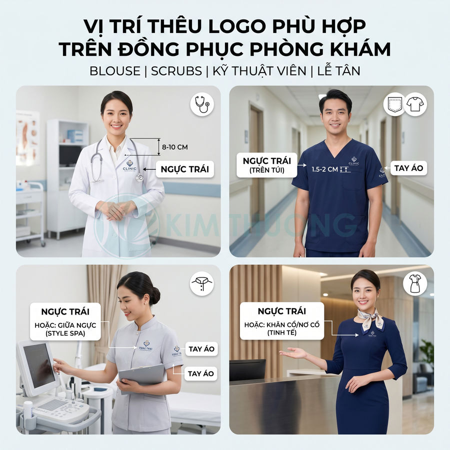 Đồng phục phòng khám cho bác sĩ, kỹ thuật viên và lễ tân với vị trí thêu logo ở ngực trái và tay áo