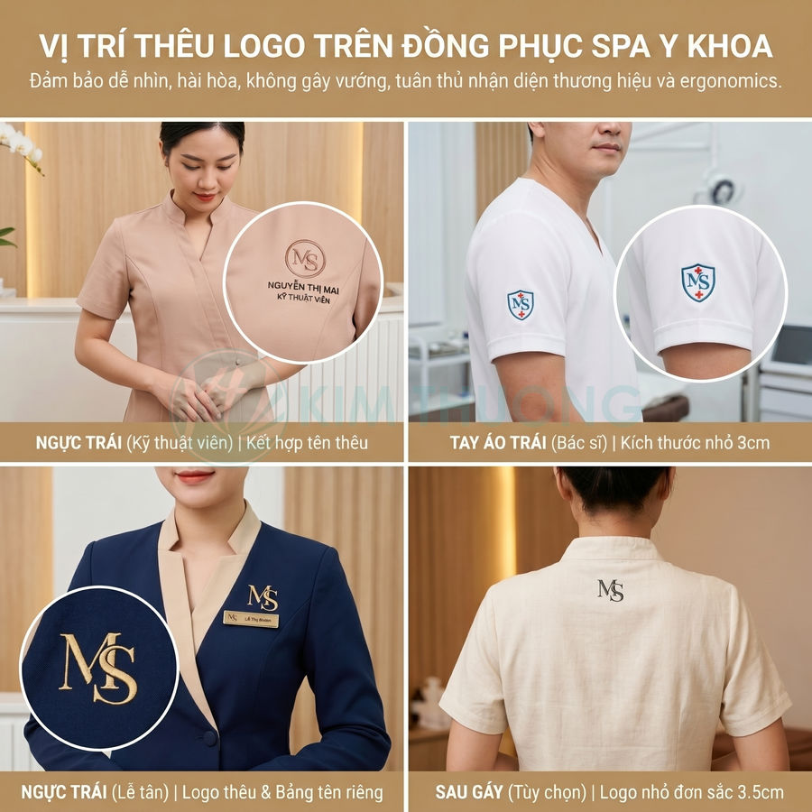 Đồng phục spa y khoa thêu logo MS ở ngực trái, tay áo trái và sau gáy cho kỹ thuật viên, bác sĩ, lễ tân