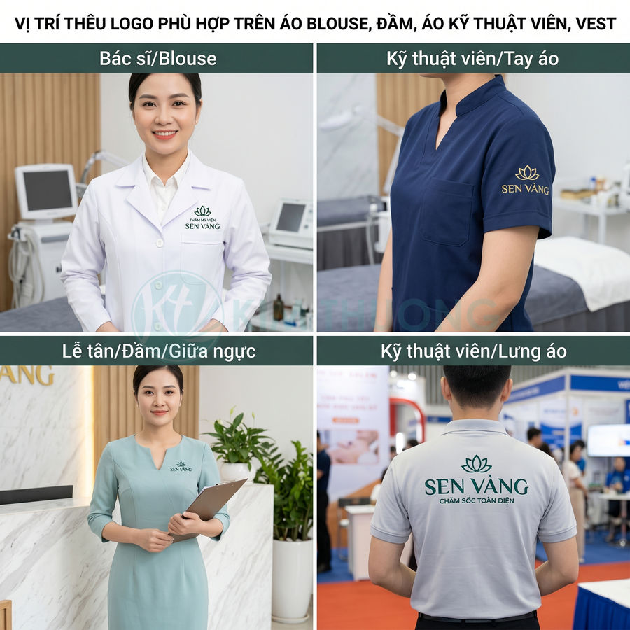 Đồng phục spa Sen Vàng với logo thêu trên áo bác sĩ, lễ tân và kỹ thuật viên ở nhiều vị trí khác nhau