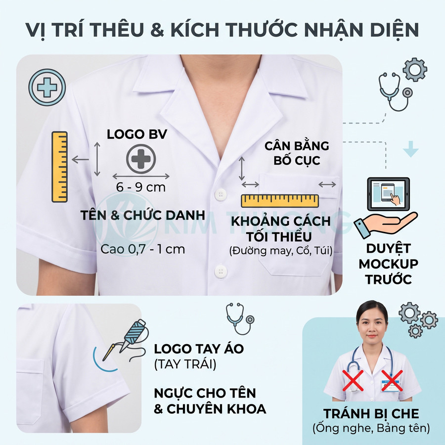 Hướng dẫn vị trí thêu logo bệnh viện và tên chức danh trên áo blouse bác sĩ trắng