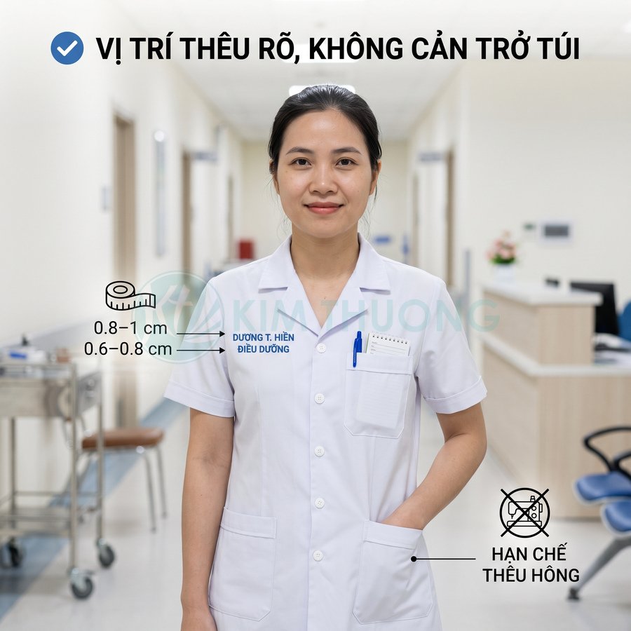 Đồng phục y tá trắng thêu tên Dương T. Hiền điều dưỡng tại bệnh viện, hướng dẫn vị trí thêu rõ ràng