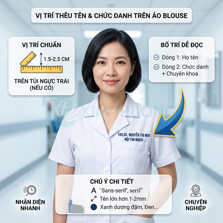 Hướng dẫn vị trí thêu tên và chức danh trên áo blouse bác sĩ màu trắng trong bệnh viện