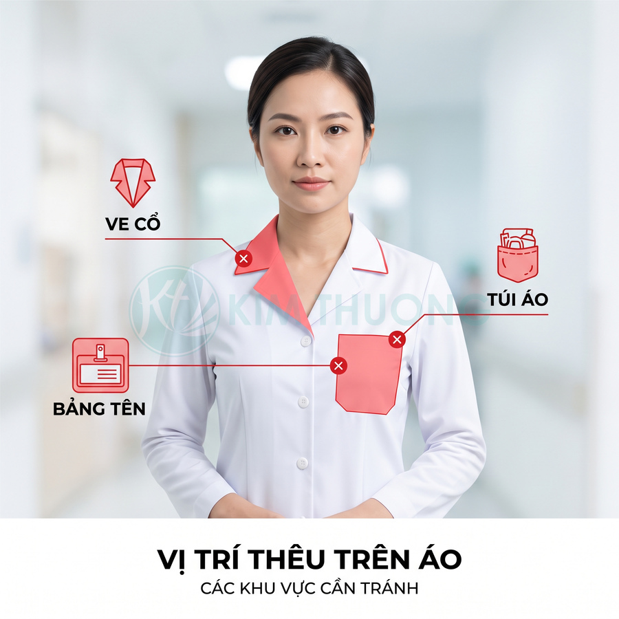 Mẫu áo blouse y tế trắng cổ và túi màu hồng minh họa các vị trí không nên thêu logo