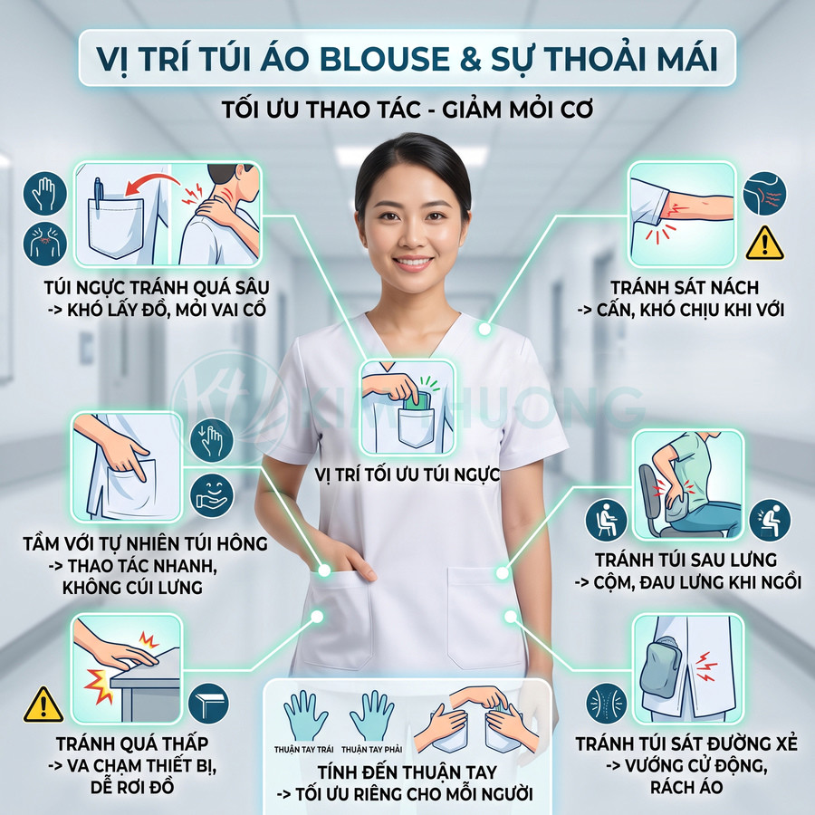 Nữ nhân viên y tế mặc áo blouse trắng đứng trong hành lang bệnh viện, minh họa vị trí túi áo tiện dụng
