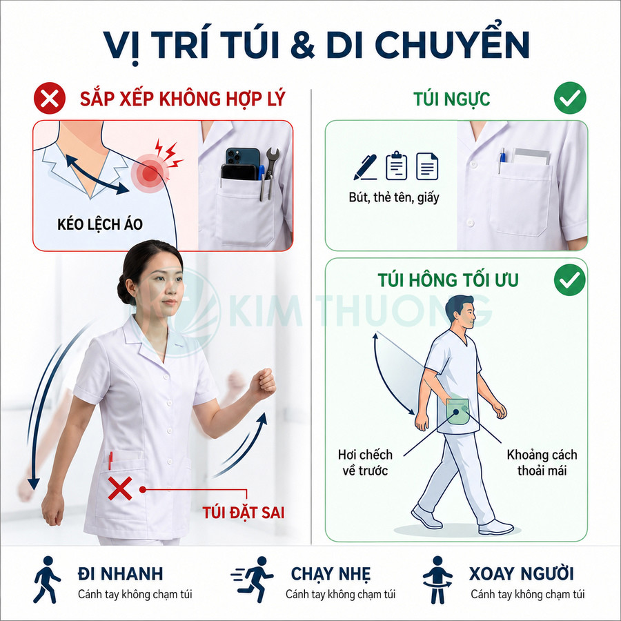 Đồng phục y tá trắng với hướng dẫn vị trí túi áo và túi quần hông tối ưu khi di chuyển