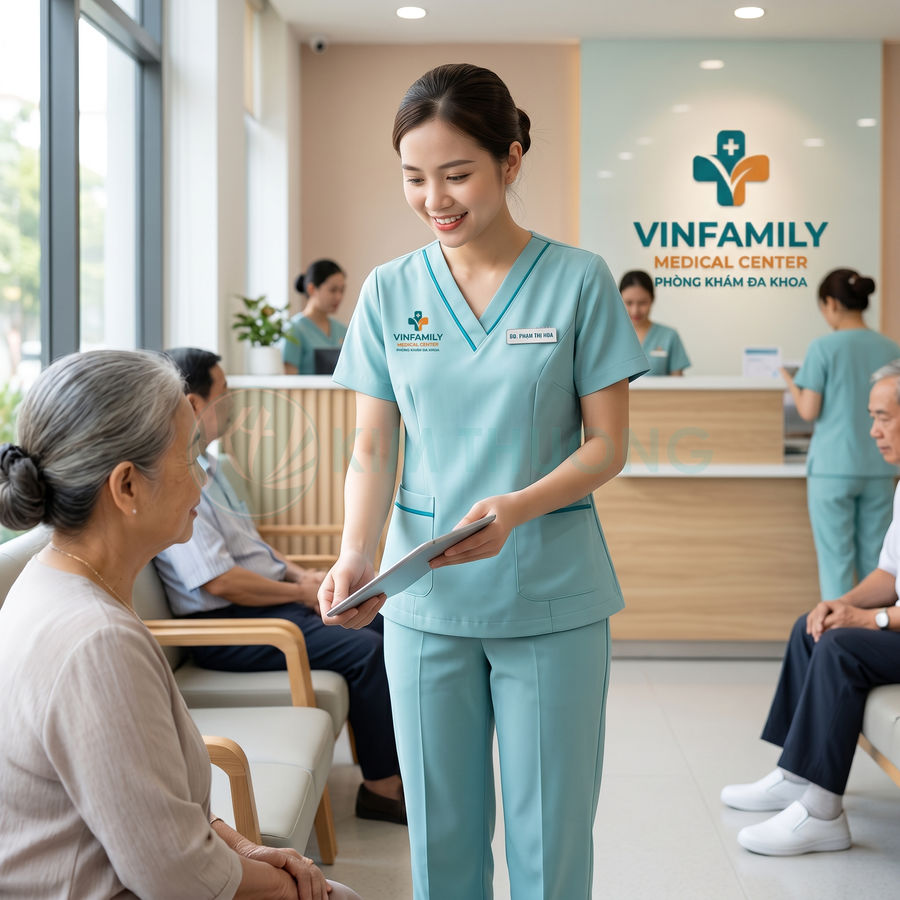 Nhân viên y tế Vinfamily tư vấn cho bệnh nhân cao tuổi tại phòng khám đa khoa hiện đại