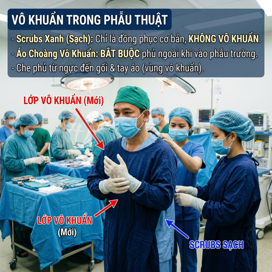 Bác sĩ mặc áo choàng và găng tay vô khuẩn chuẩn bị phẫu thuật trong phòng mổ cùng ê kíp y tá