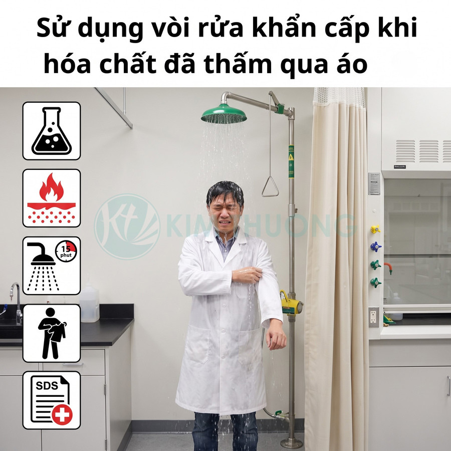 Nhân viên phòng thí nghiệm dùng vòi tắm khẩn cấp rửa hóa chất dính trên áo bảo hộ lab.