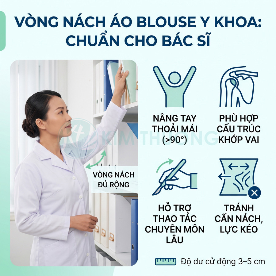 Áo blouse y khoa vòng nách rộng cho bác sĩ nữ, giúp nâng tay thoải mái và thao tác chuyên môn lâu không bị cấn