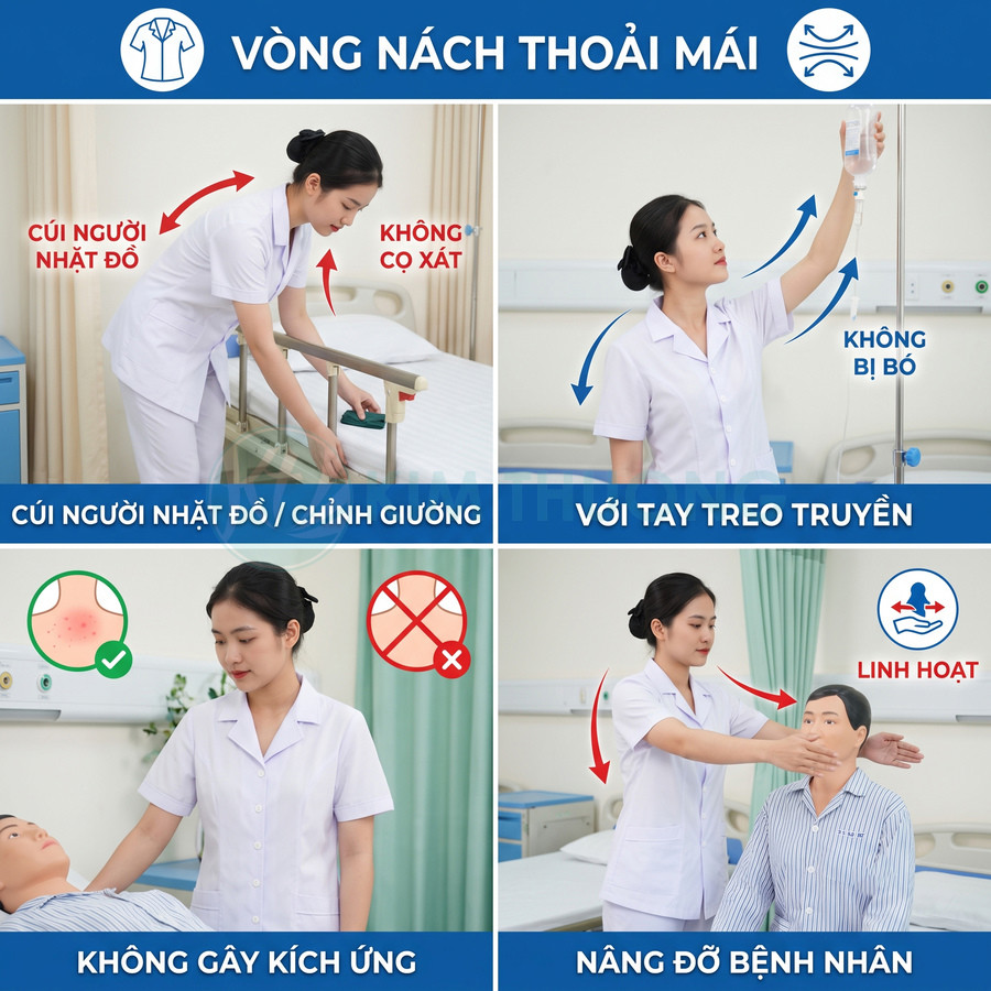 Đồng phục y tá vòng nách thoải mái, không cọ xát, hỗ trợ cúi người, treo truyền, chăm sóc và nâng đỡ bệnh nhân