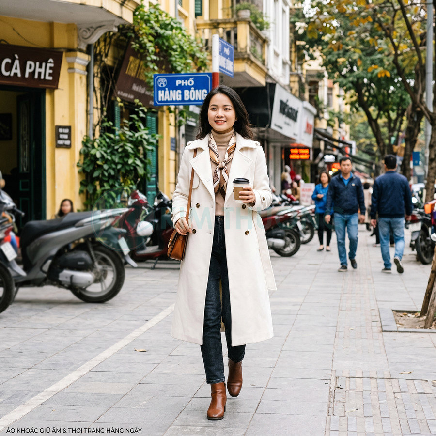 Áo khoác dáng dài màu trắng kem cho nữ phối quần jean và boots da nâu khi dạo phố