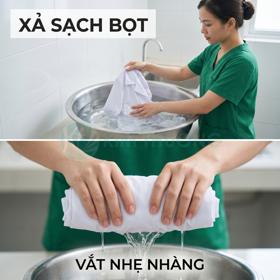 Người phụ nữ giặt và vắt nhẹ nhàng áo trắng trong chậu nước inox sạch bọt