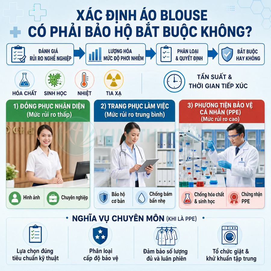 Hướng dẫn xác định áo blouse có phải đồ bảo hộ bắt buộc với các mức rủi ro và trang phục y tế minh họa