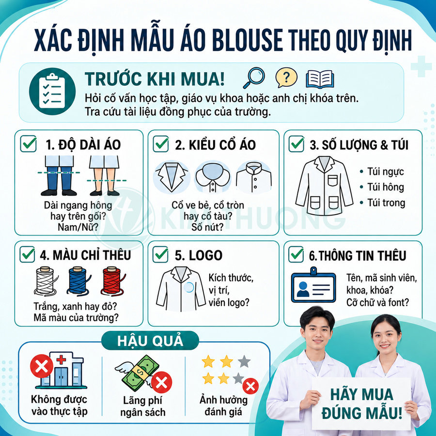 Hướng dẫn chọn mua áo blouse y khoa đúng quy định với các tiêu chí chiều dài, kiểu cổ, túi, màu chỉ, logo, thông tin thêu