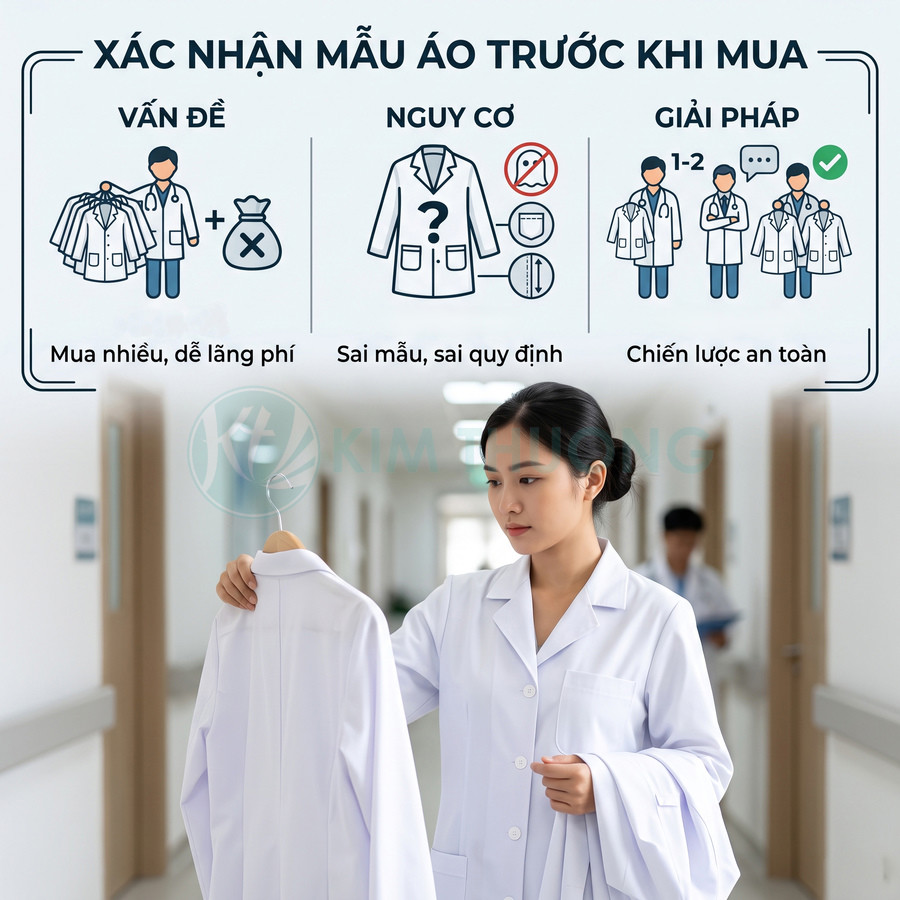 Nữ bác sĩ kiểm tra mẫu áo blouse trắng trong bệnh viện với hướng dẫn chọn áo trước khi mua