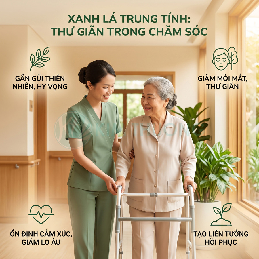 Nhân viên y tế mặc đồng phục xanh lá hỗ trợ bà cụ dùng khung tập đi trong không gian chăm sóc thư giãn
