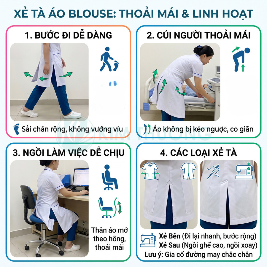 Áo blouse y tế xẻ tà hai bên giúp bác sĩ di chuyển, cúi người và ngồi làm việc thoải mái linh hoạt