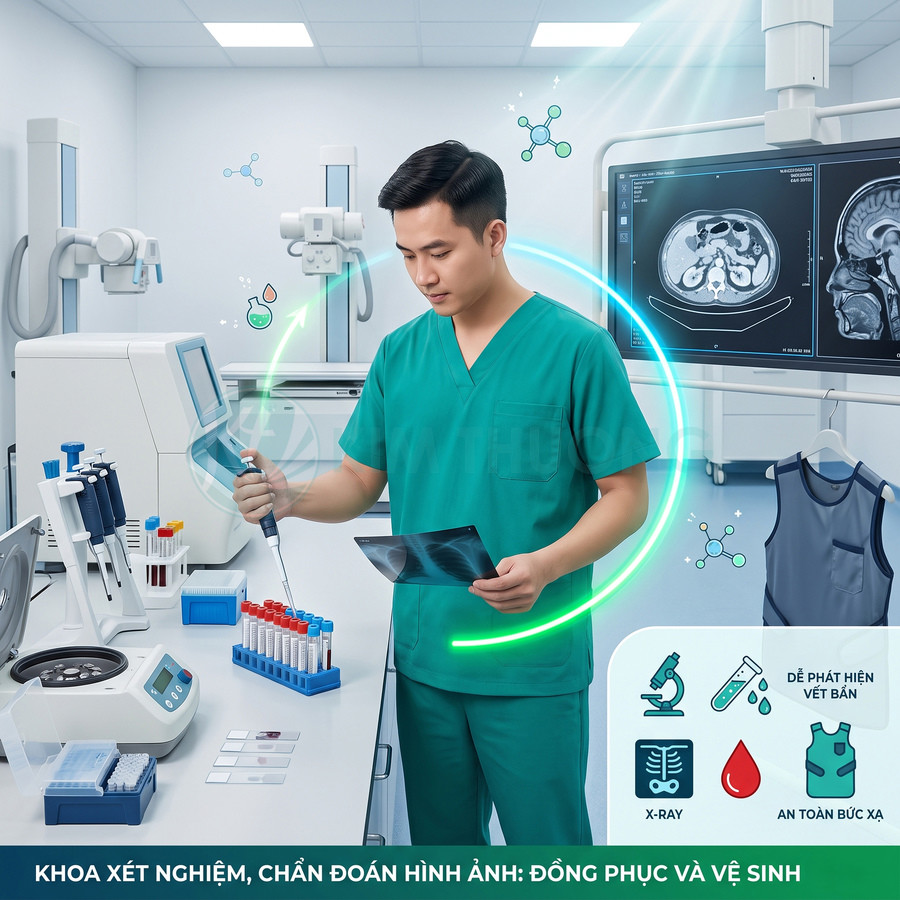 Kỹ thuật viên xét nghiệm mặc đồng phục y tế xanh làm việc với ống nghiệm và phim chụp X quang trong phòng thí nghiệm hiện đại