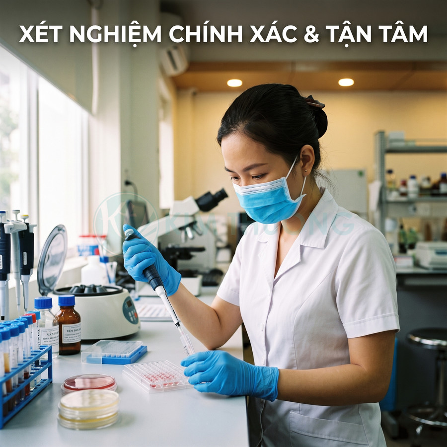 Kỹ thuật viên phòng thí nghiệm đeo khẩu trang găng tay đang dùng micropipette xét nghiệm mẫu bệnh phẩm