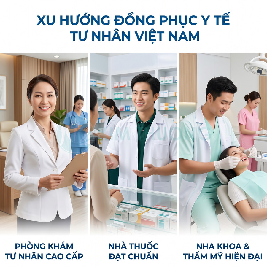 Đồng phục y tế hiện đại cho phòng khám tư nhân, nhà thuốc và nha khoa thẩm mỹ tại Việt Nam