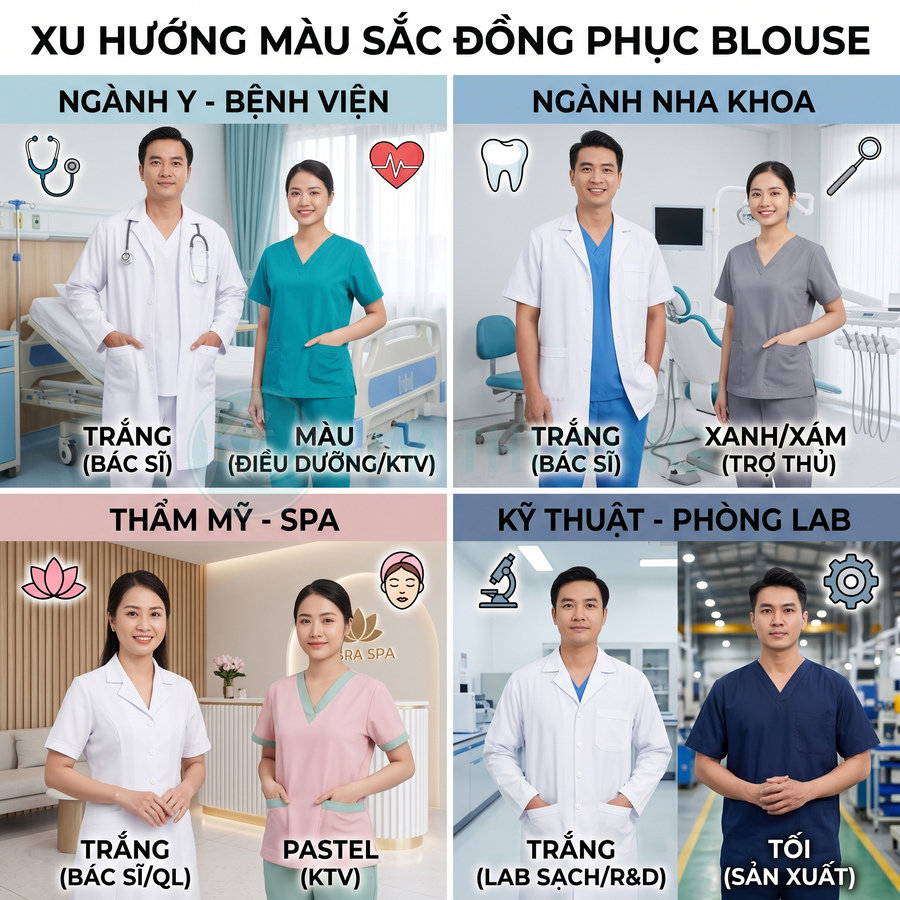 Các mẫu đồng phục blouse màu trắng, xanh, pastel cho bác sĩ, điều dưỡng, spa, kỹ thuật và phòng lab