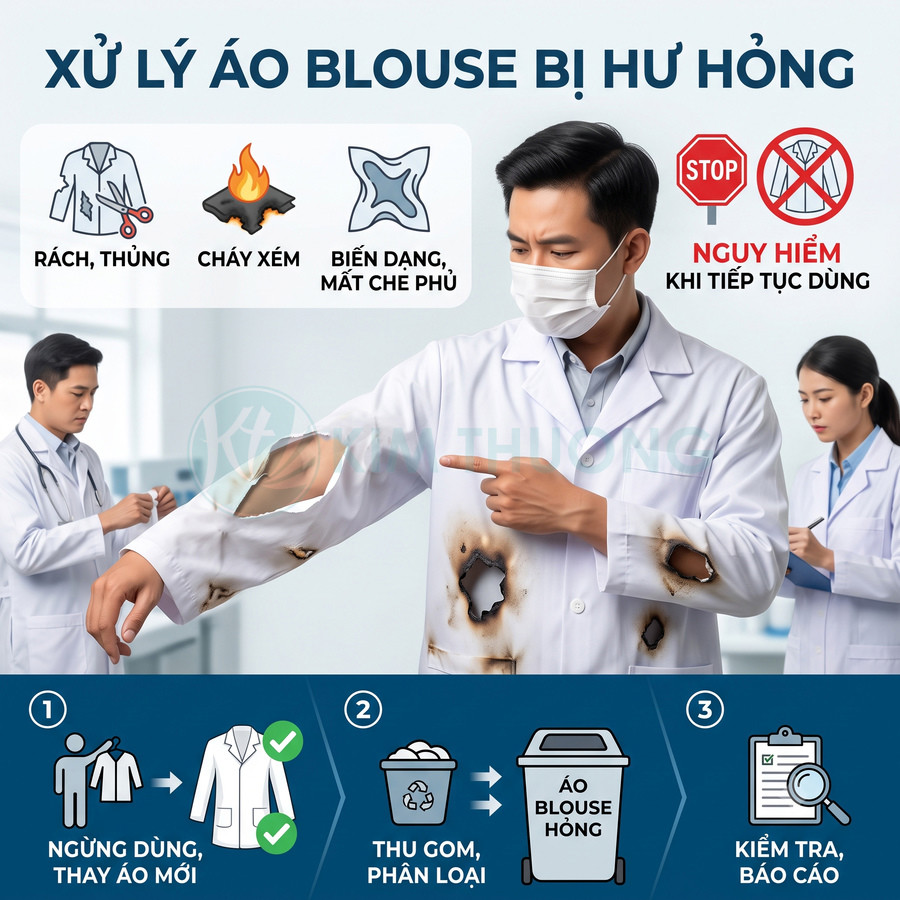 Hướng dẫn xử lý áo blouse bác sĩ bị rách cháy biến dạng và quy trình thu gom thay áo mới